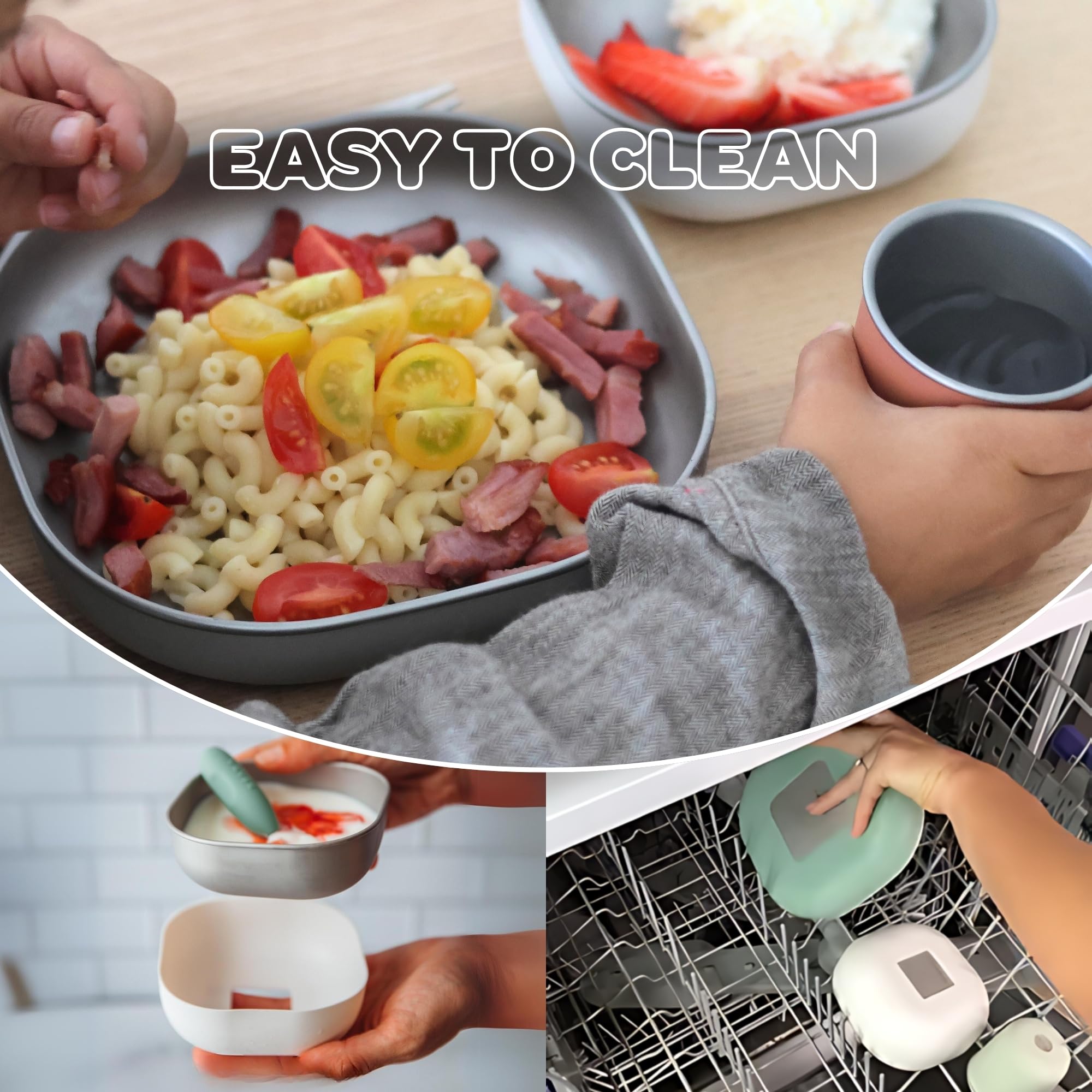 BEABA stainless steel meal set dishwasher-safe for easy cleanup.