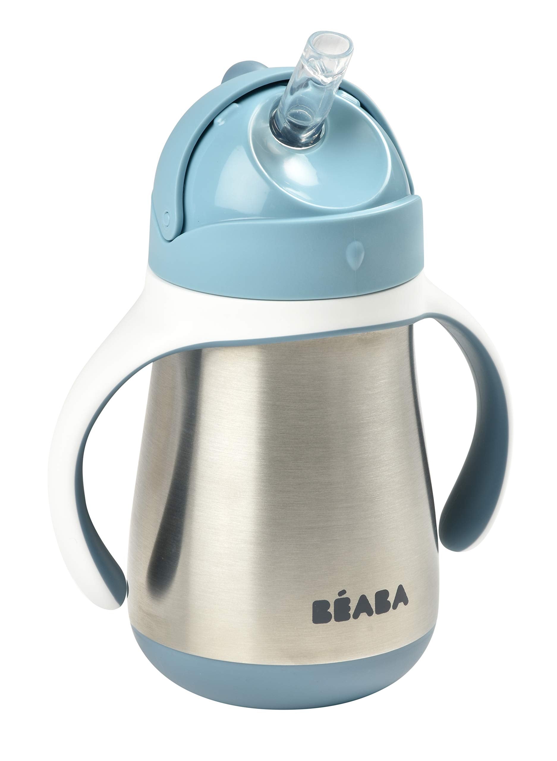 Beaba stainless steel straw sippy cup in rain color shows sturdy body for toddler autonomy.