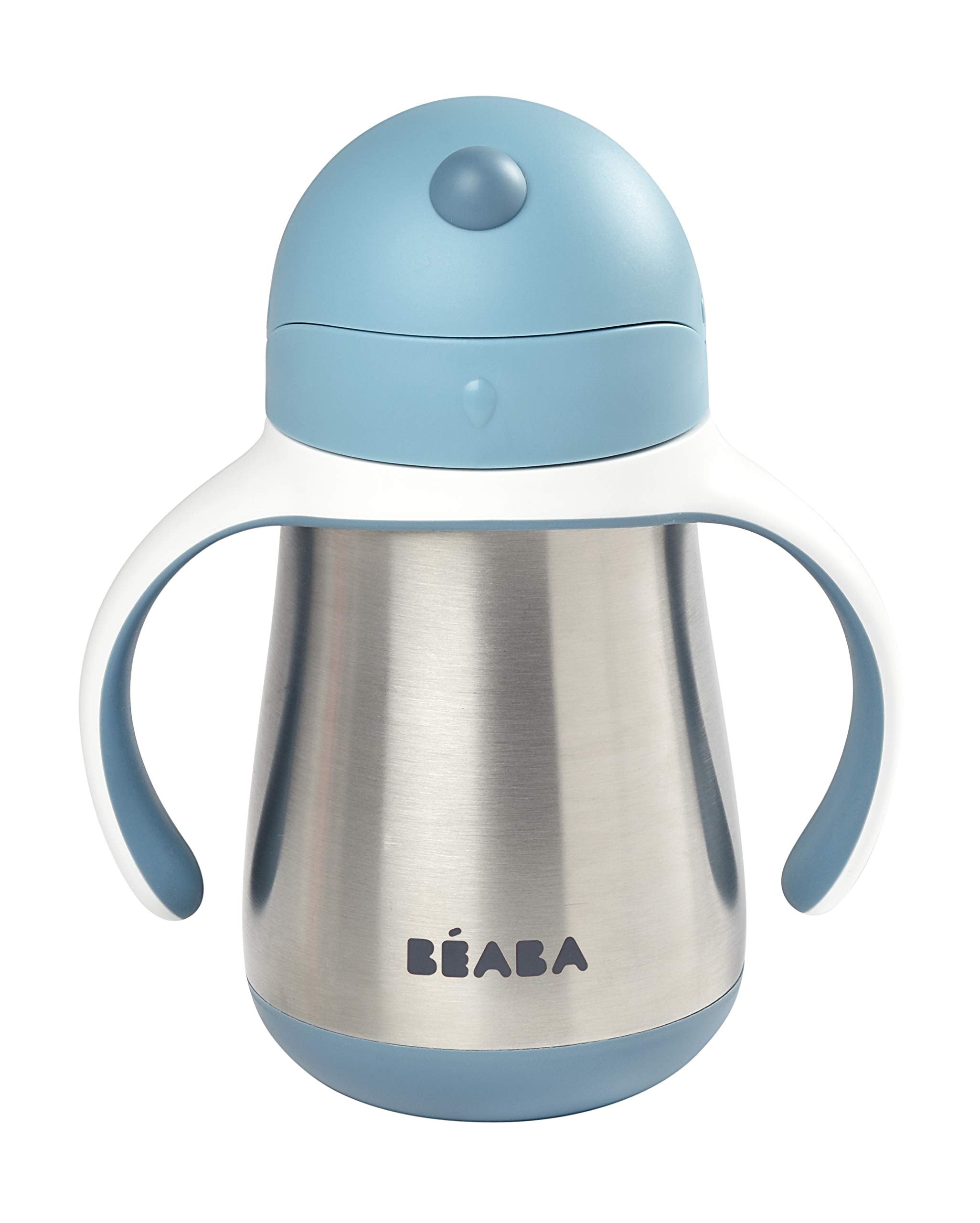 Beaba stainless steel straw sippy cup rain lid open demonstrates leak-proof design for parents on the go.