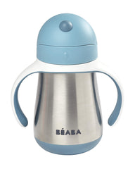 Beaba stainless steel straw sippy cup rain lid open demonstrates leak-proof design for parents on the go.