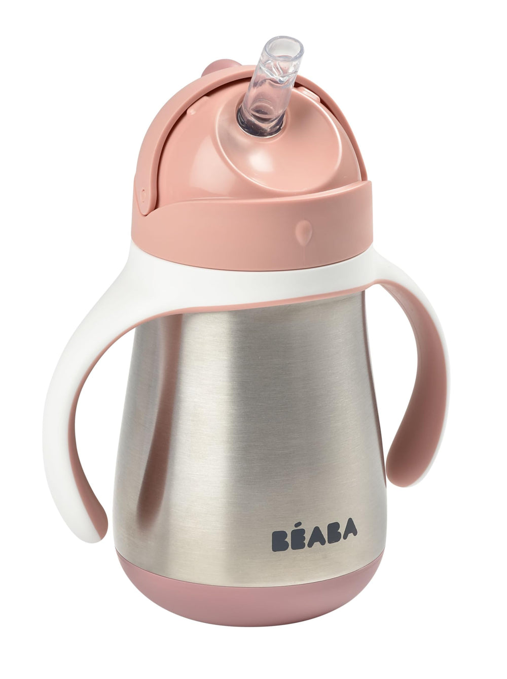 BEABA stainless steel straw sippy cup rose angled view shows spill-proof design for on the go