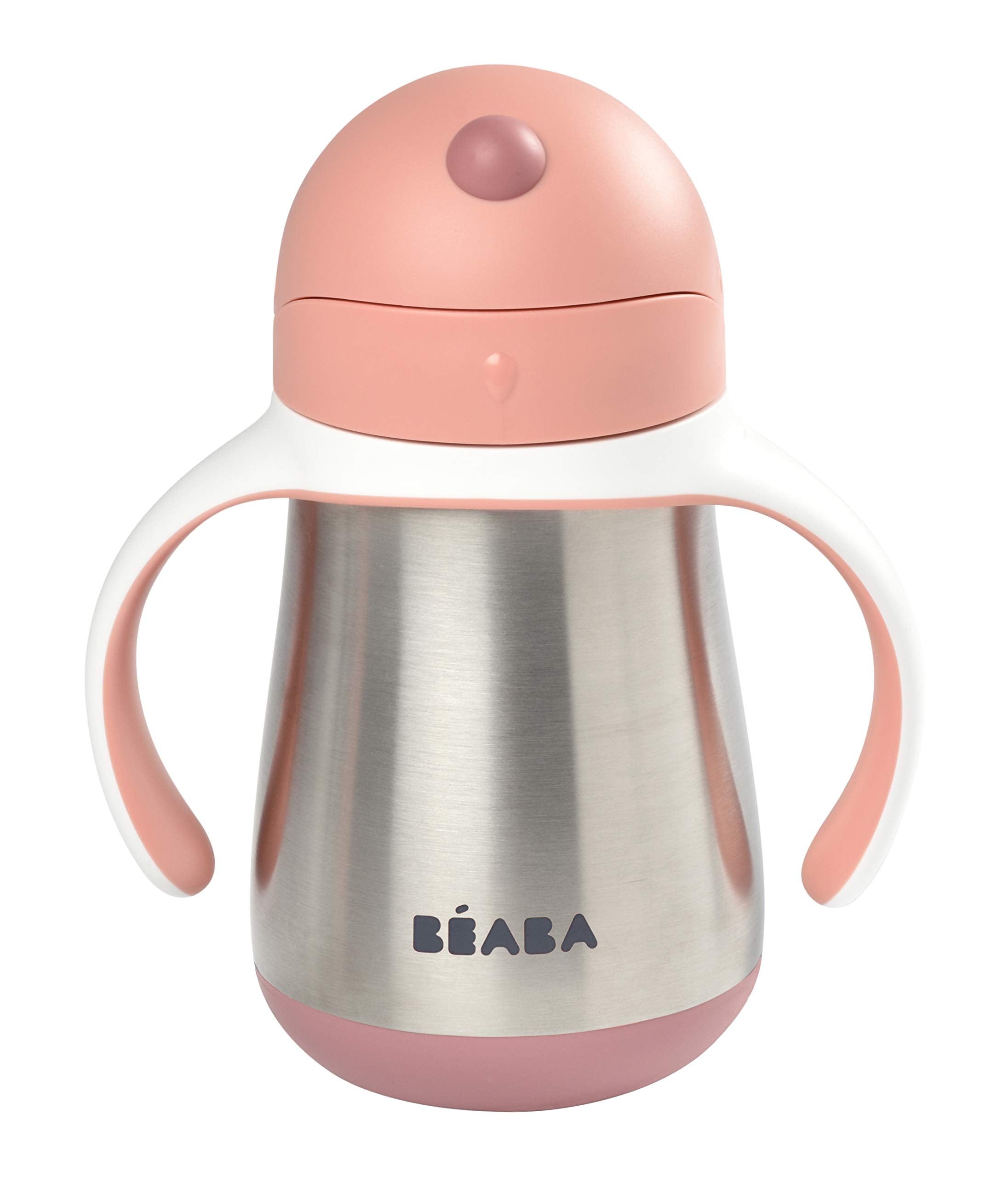 BEABA rose cup with removable handles demonstrates easy grip for toddlers learning to sip