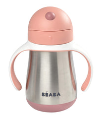 BEABA rose cup with removable handles demonstrates easy grip for toddlers learning to sip