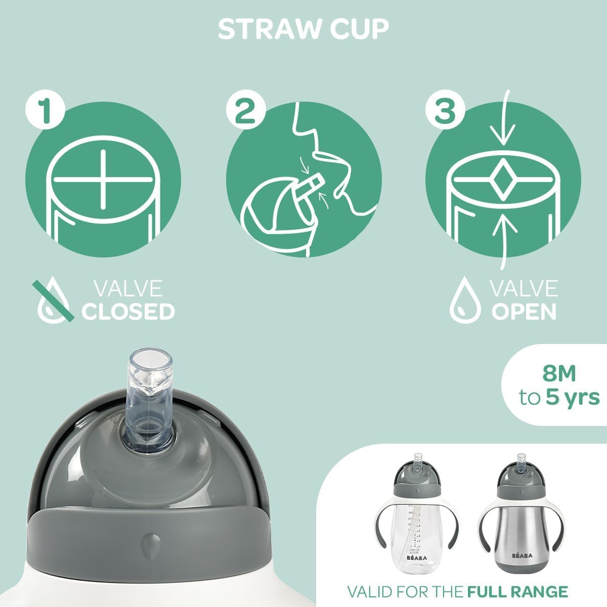 Beaba Straw Sippy Cup leak-proof-valve demonstrates spill control for busy, on-the-go moments.