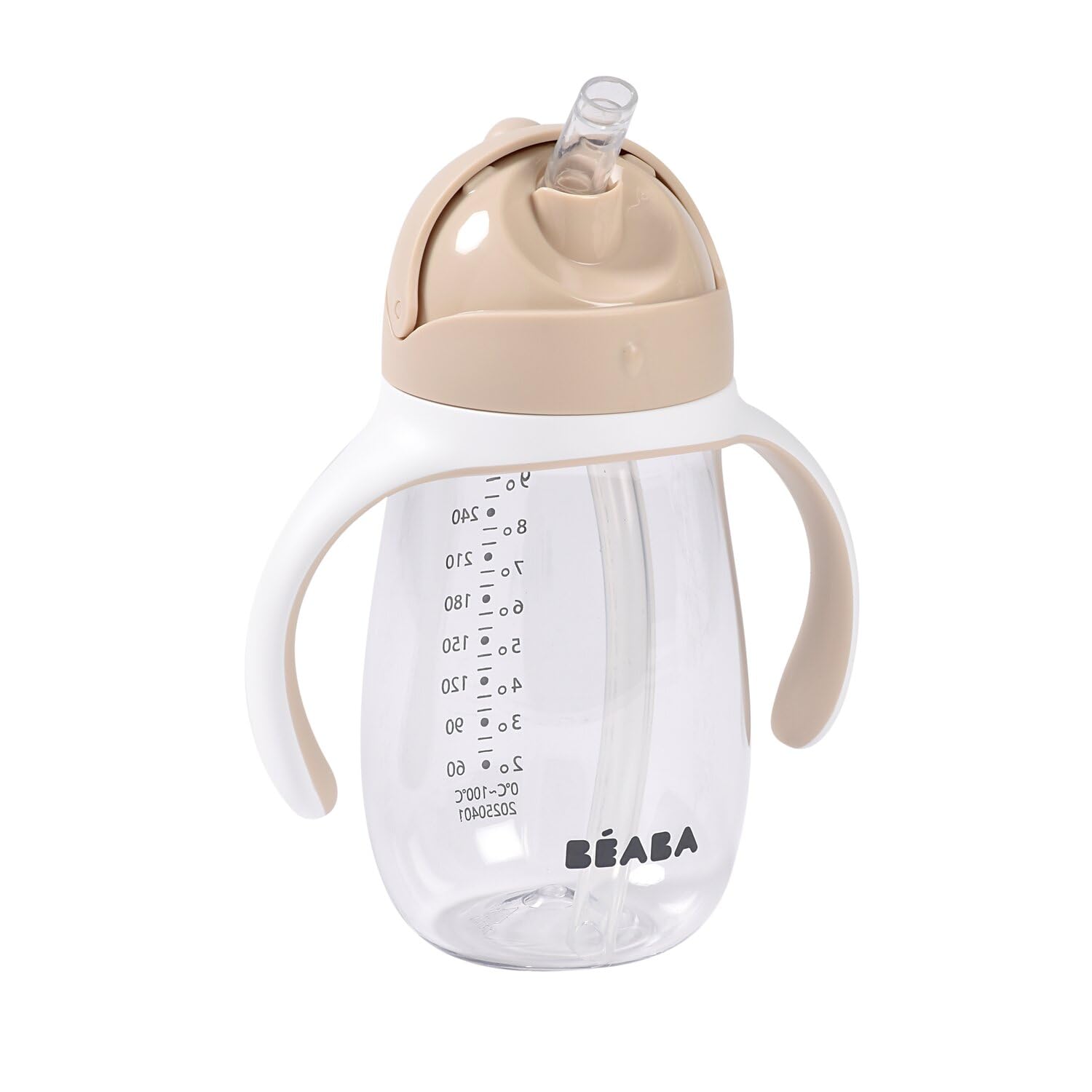 Beaba Straw Sippy Cup transition-design showing a baby learning to sip with a confident grip.