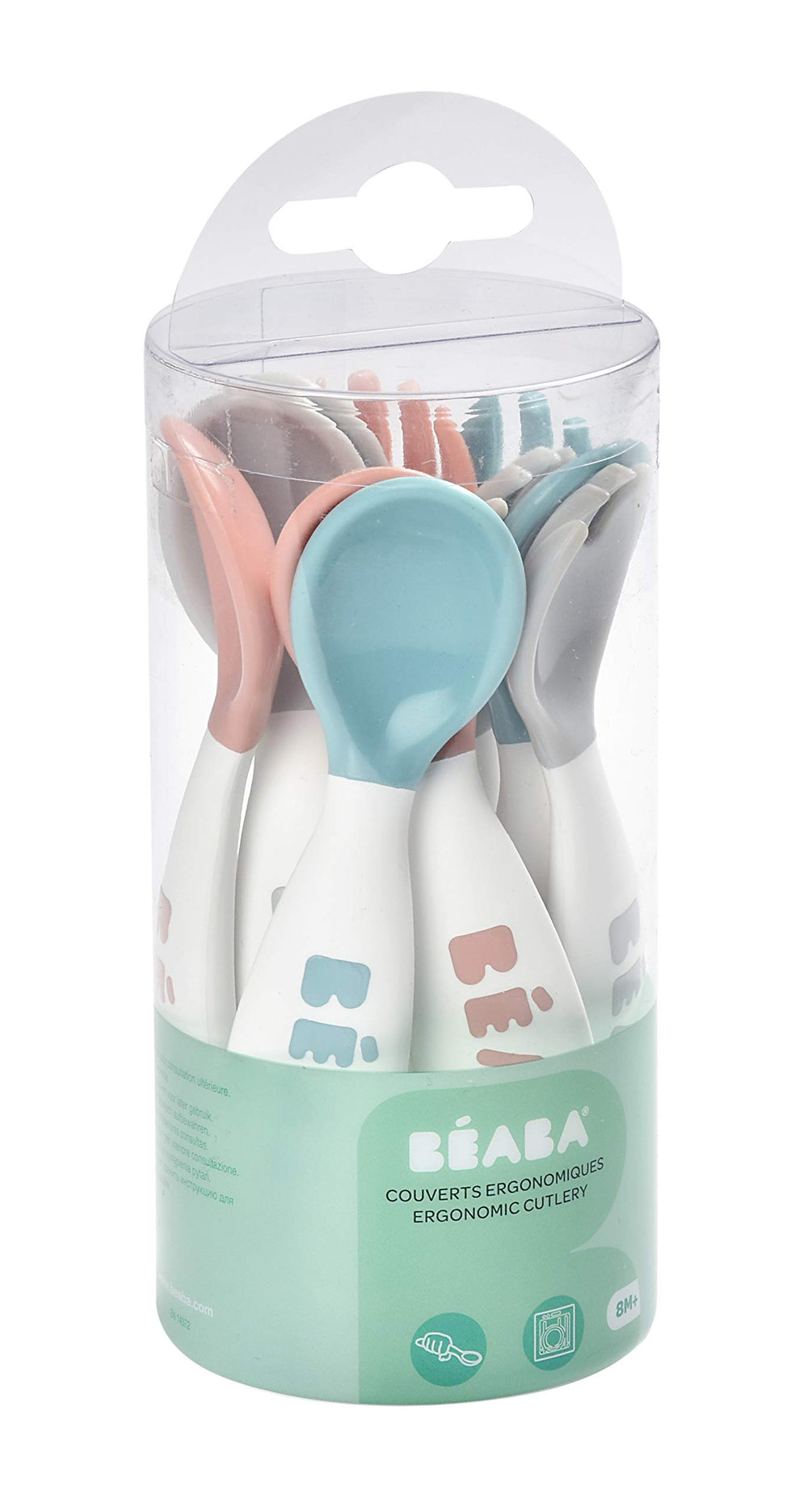 BEABA toddler cutlery round-soft-tip spoons for gentle gums and safe self-feeding.