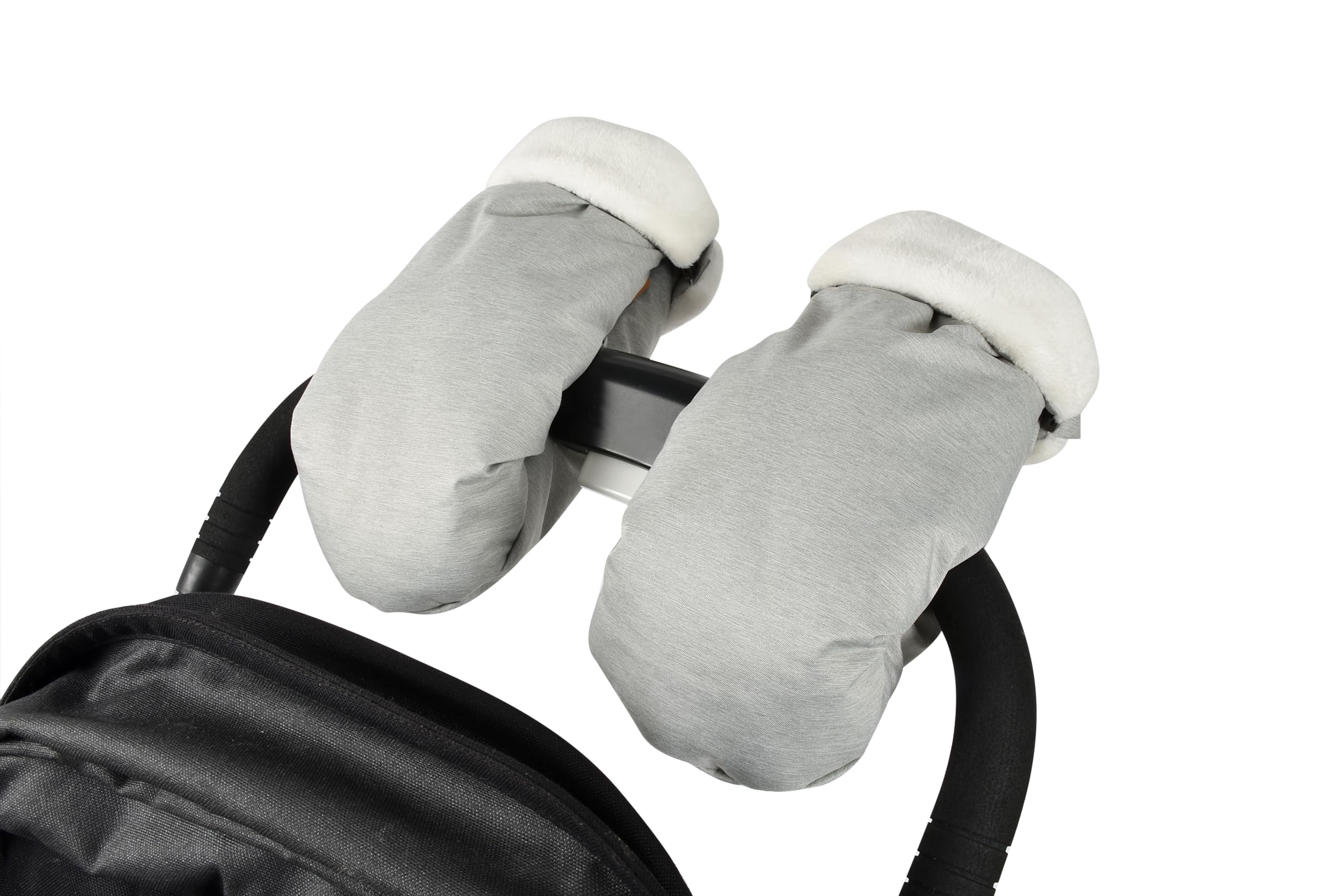 BEABA waterproof fleece-lined stroller gloves attached to the handlebar for warm comfort.