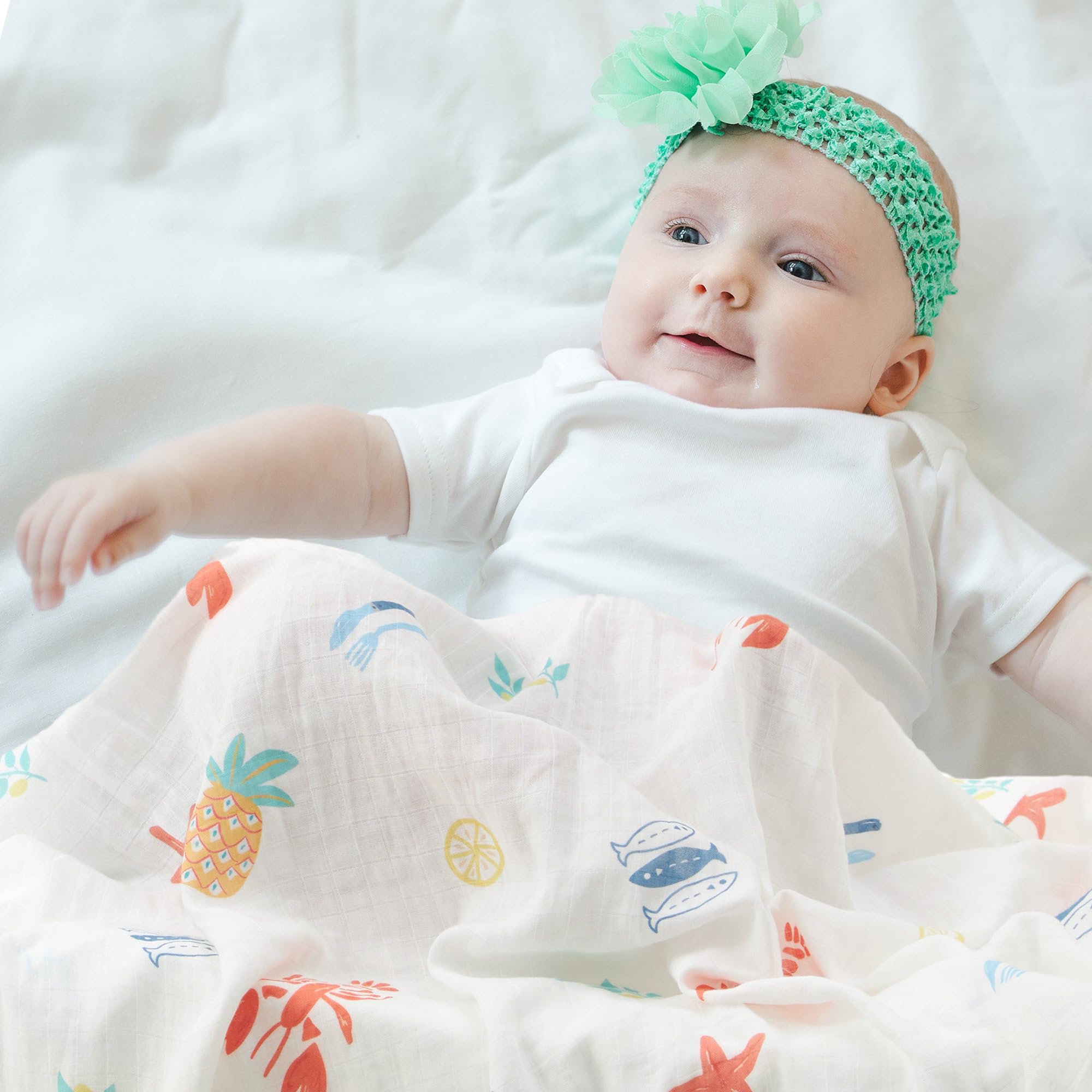 Beach Fun muslin closeup fabric highlights rayon-from-bamboo softness and skin-friendly texture
