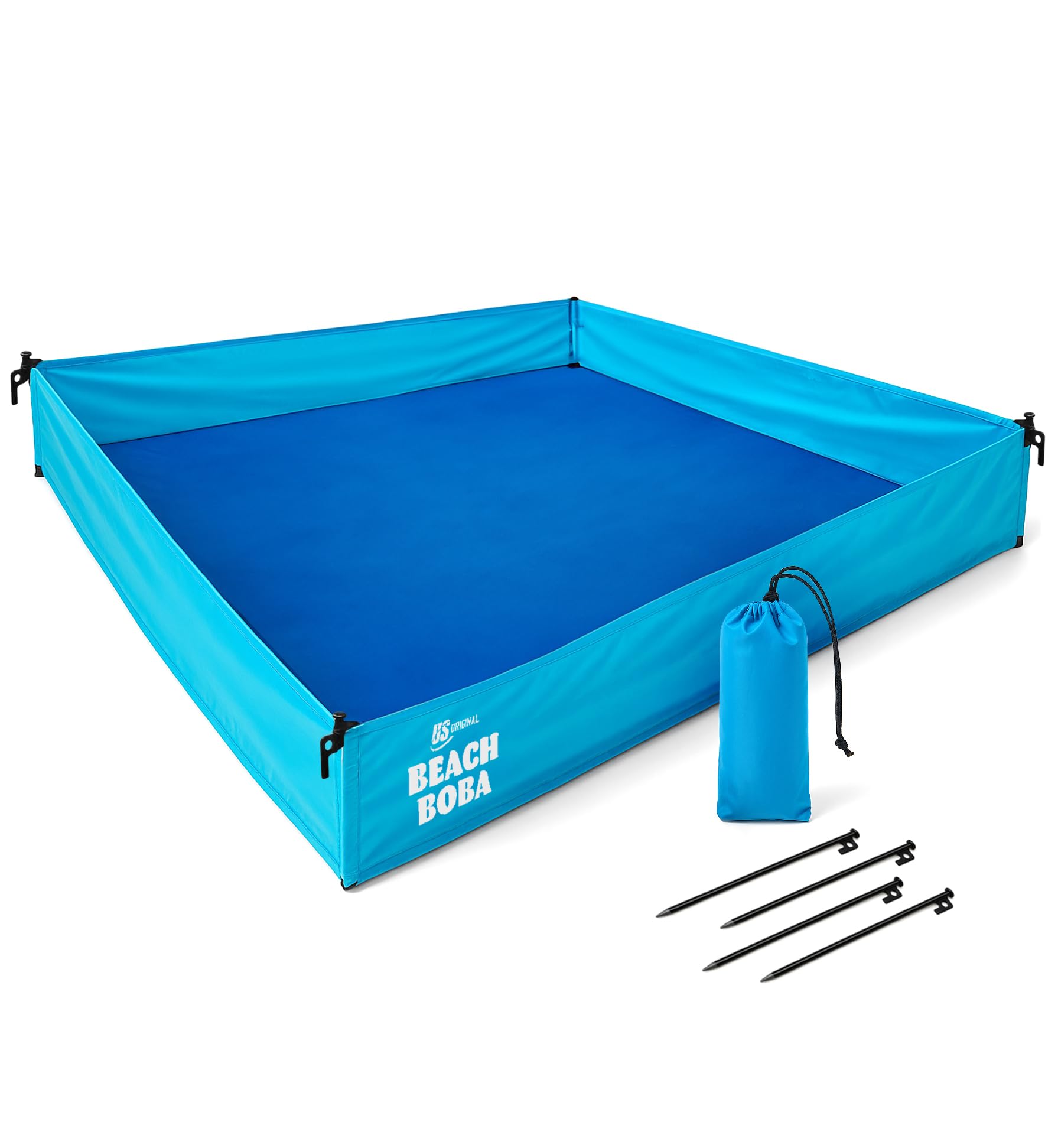 BeachBoba sandproof beach blanket with 10-inch walls creates a contained play area.