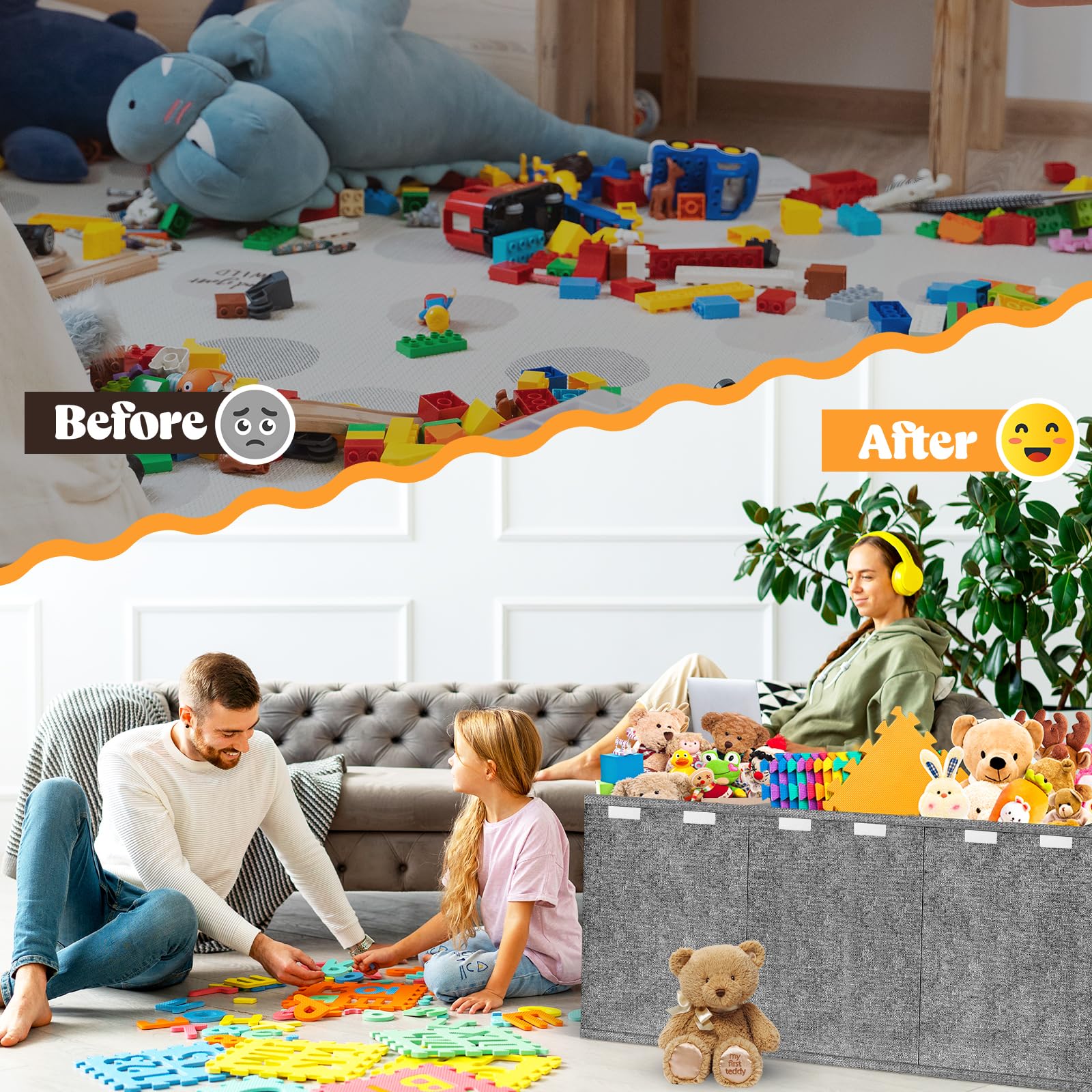 Beadsky toy box in living room provides easy access for kids to grab toys and tidy.