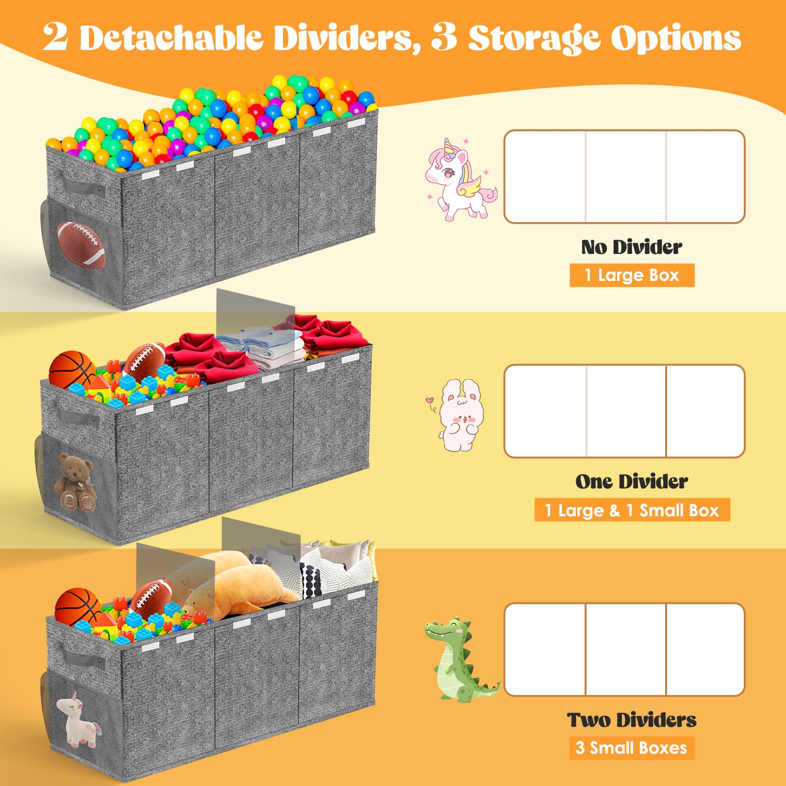 Beadsky toy box with three flip-top lids helps keep items out of sight.