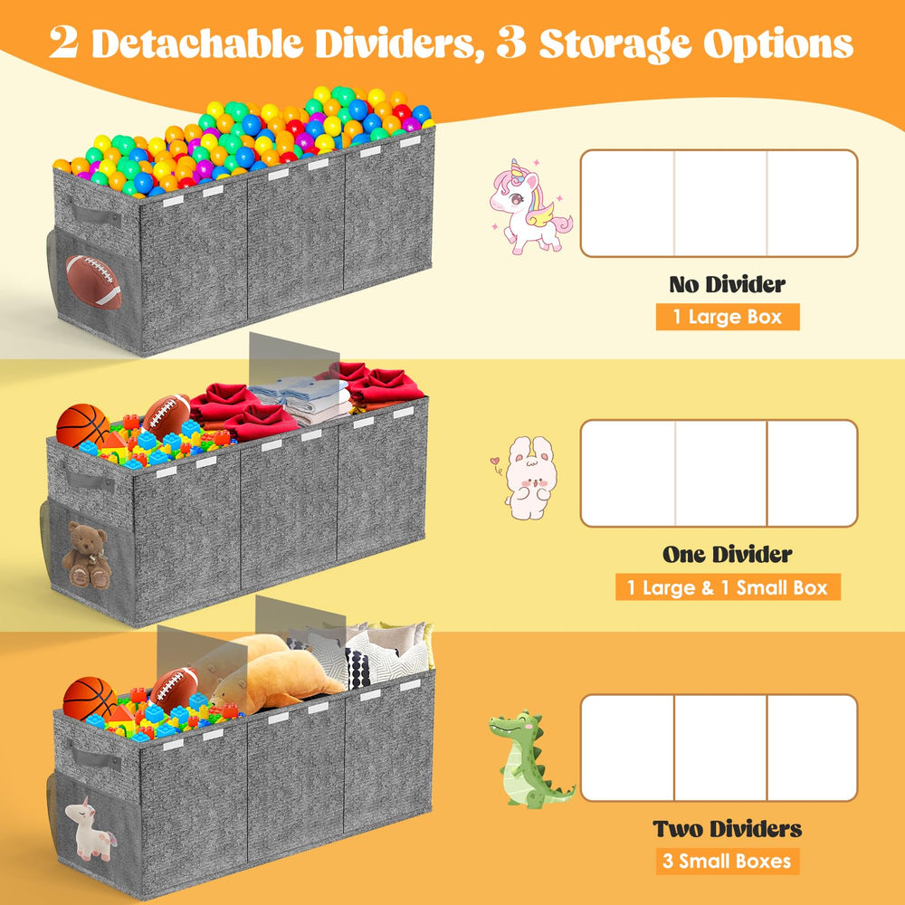 Beadsky toy box with three flip-top lids helps keep items out of sight.