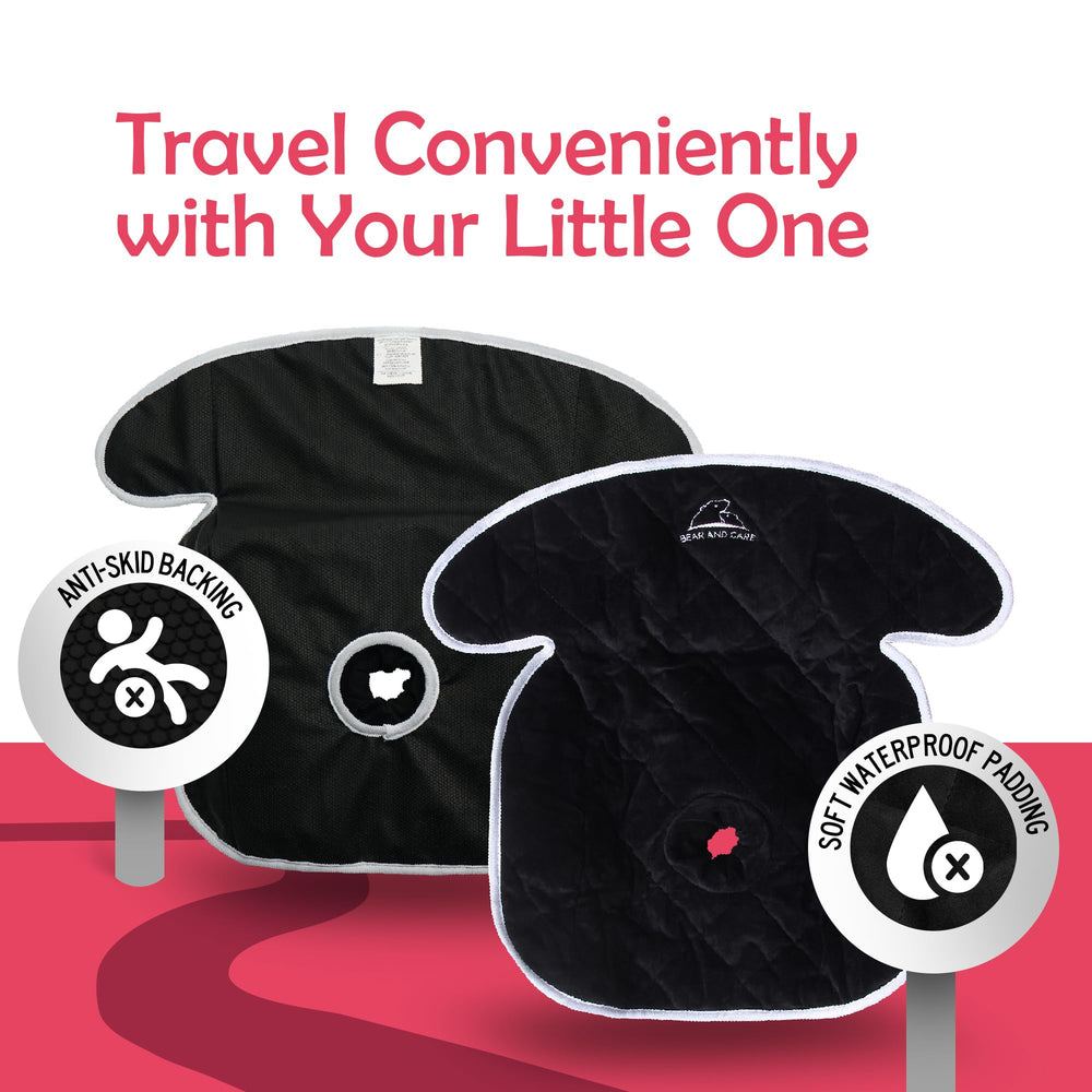 Bear and Care piddle pad in a bouncer, anti-slip protection for busy babies.