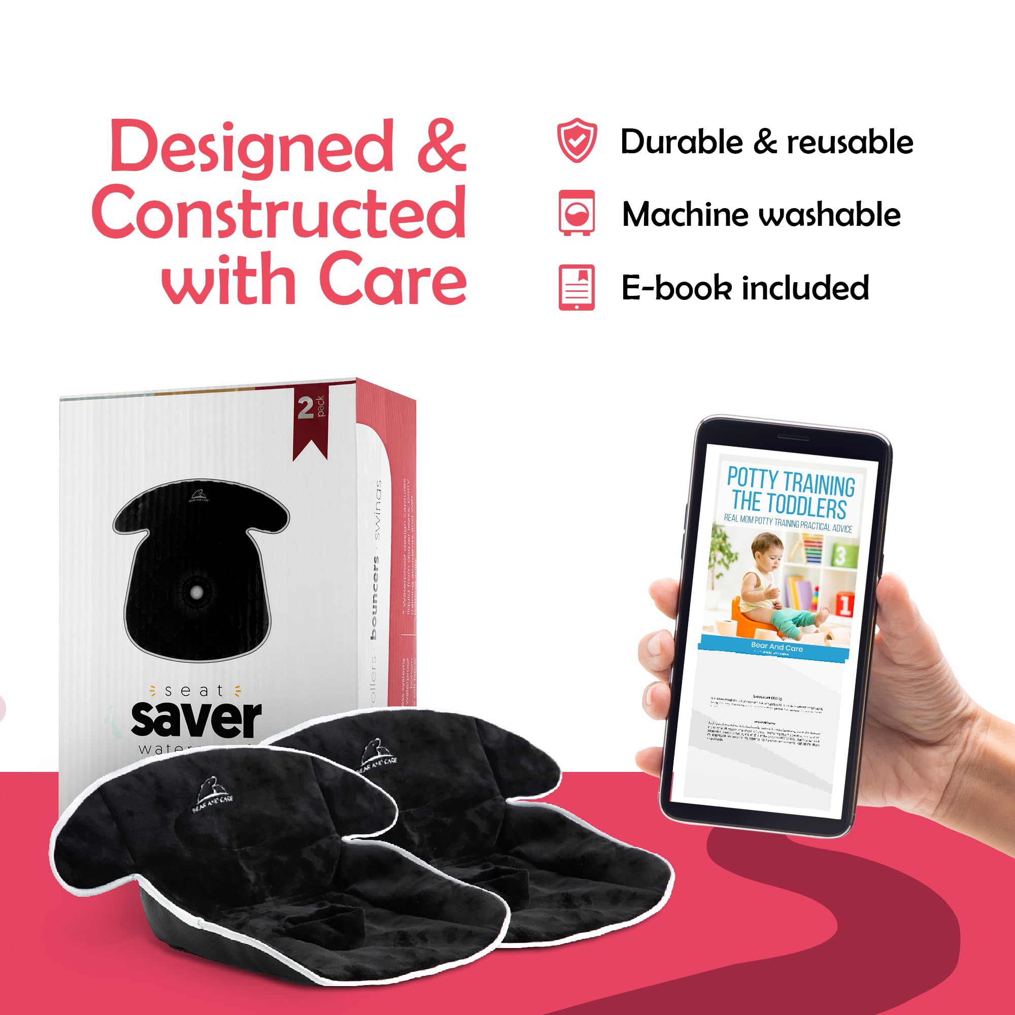 Bear and Care waterproof layer details, 360-degree shield to keep car seats dry.