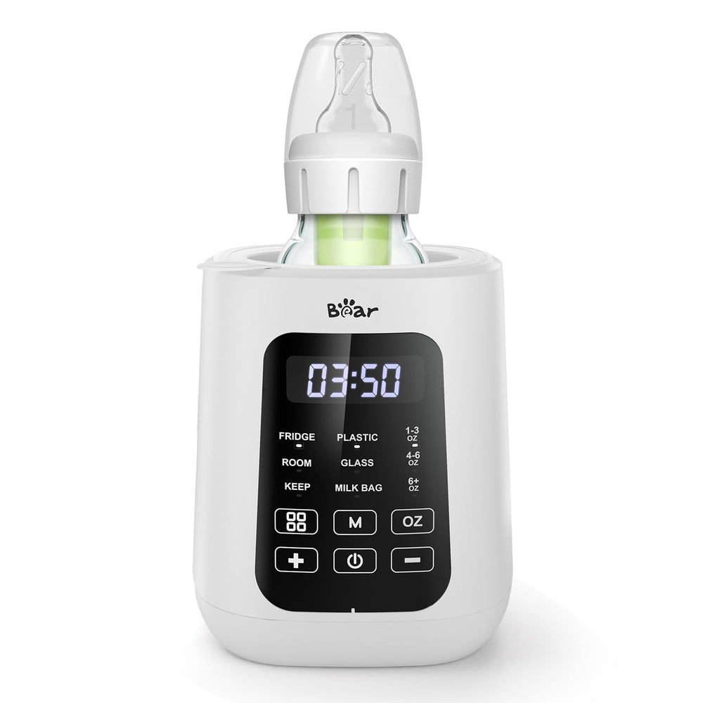 Bear baby bottle warmer front view shows compact bedside design for quick feeds.