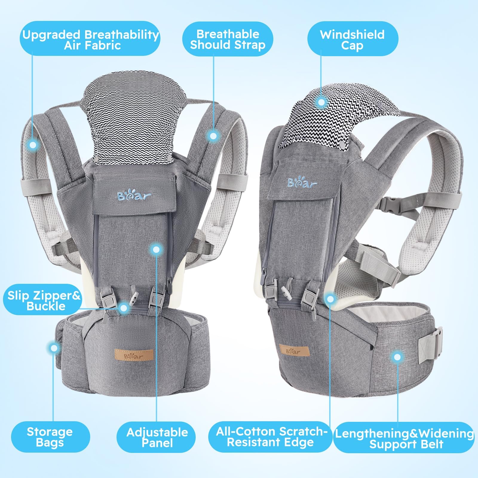 Bear Baby Carrier breathable fabric stays gentle on skin in all seasons.