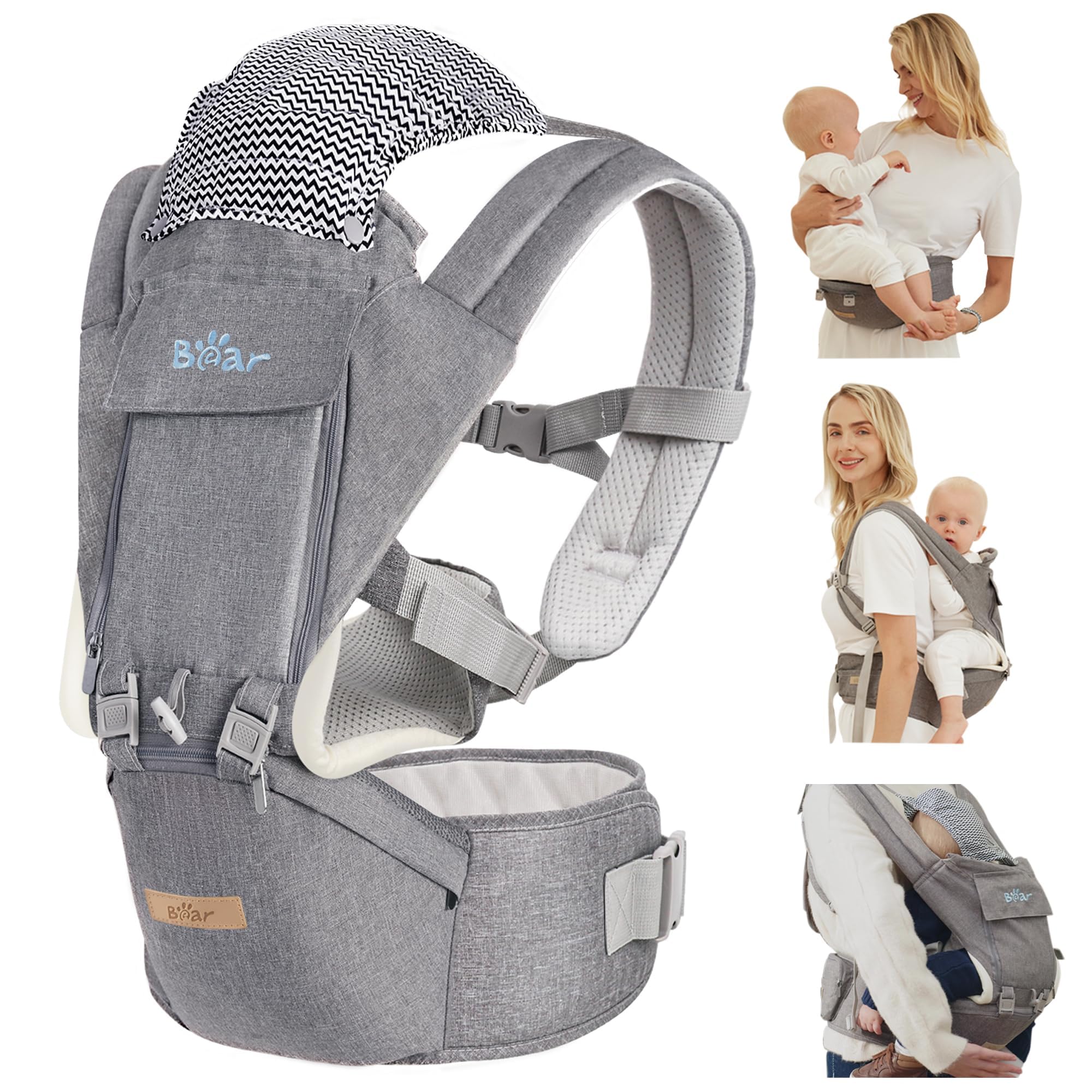 Bear Baby Carrier hip seat provides ergonomic support for baby's hips during carries.