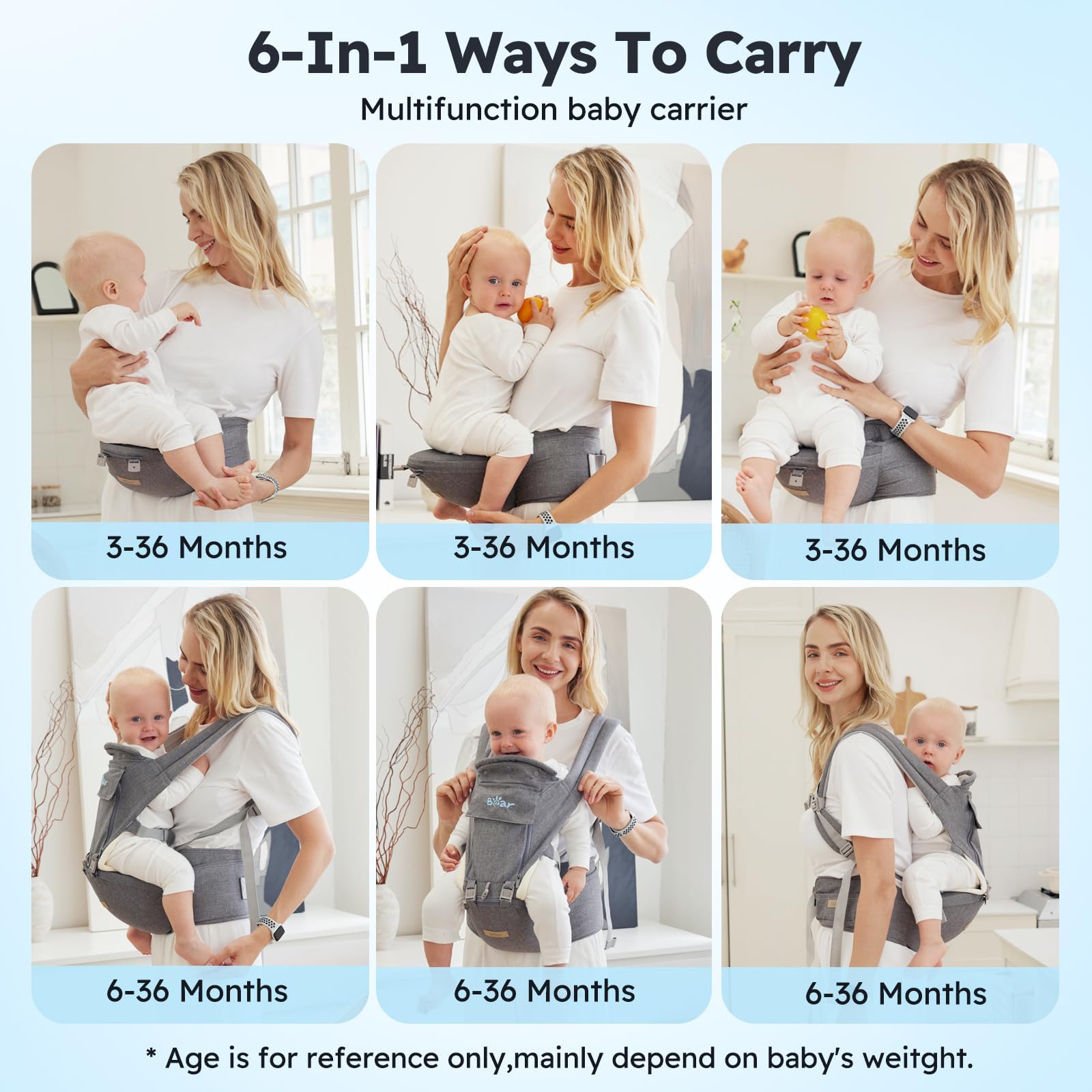 Bear Baby Carrier M-position demonstrates natural leg alignment for comfortable front or back carries.
