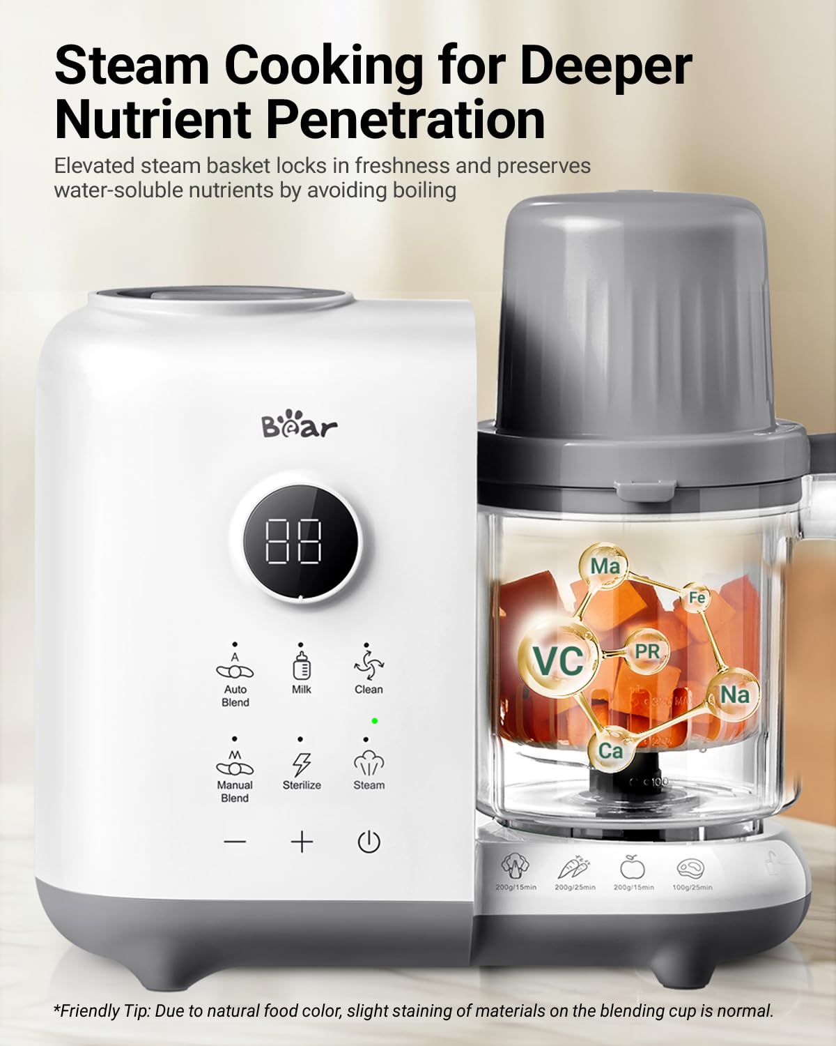 Bear baby food maker auto-clean function highlights easy residue removal.