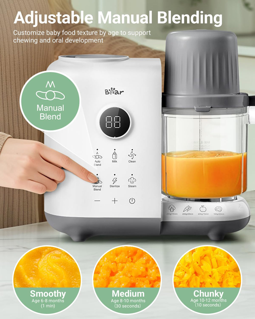 Bear baby food maker blending modes image demonstrates auto and manual control.