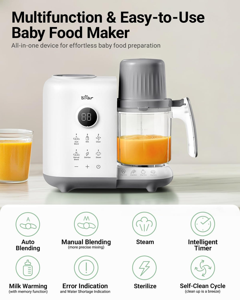 Bear baby food maker dual-layer baskets show capacity for batch cooking.