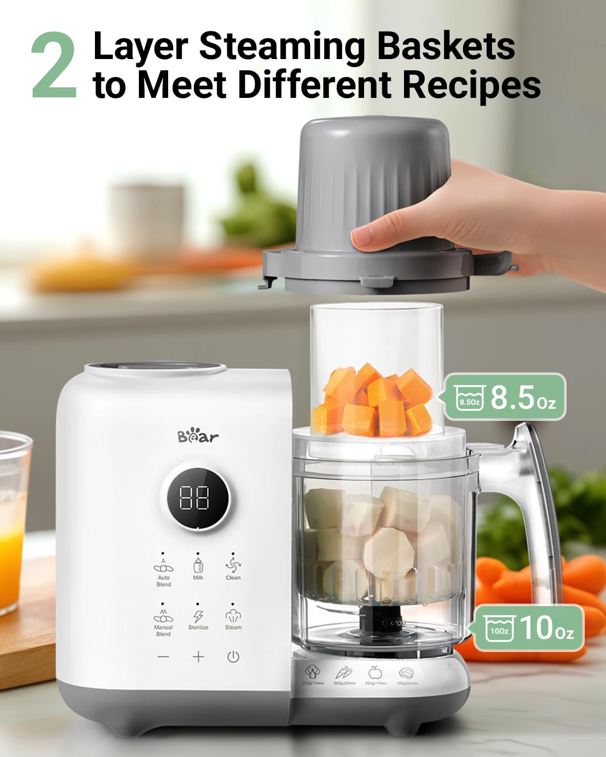 Bear baby food maker steam basket detail emphasizes gentle 360° steam preservation.