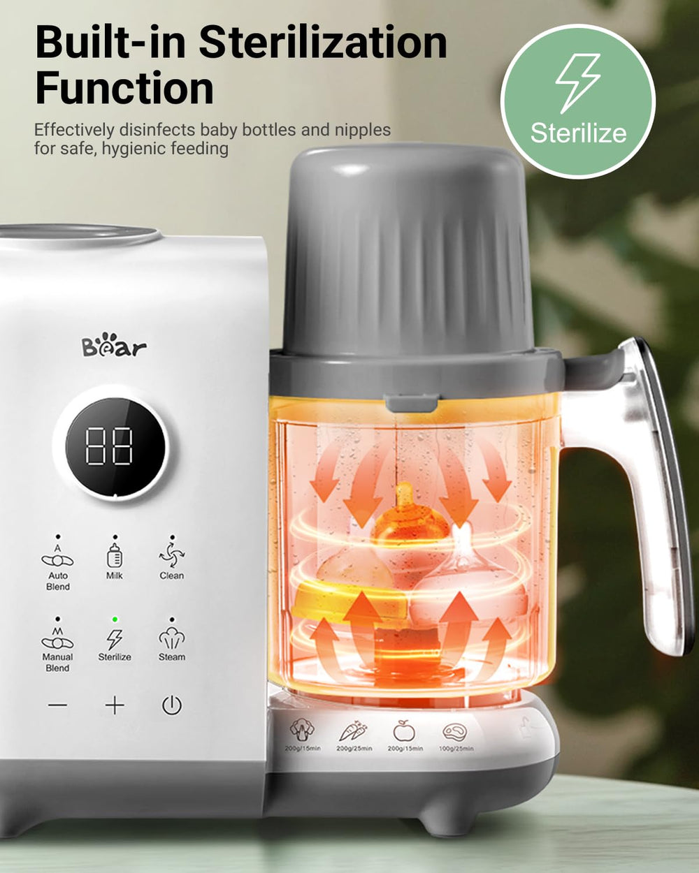 Bear baby food maker stainless steel water tank close-up indicates rust-resistant cleaning.
