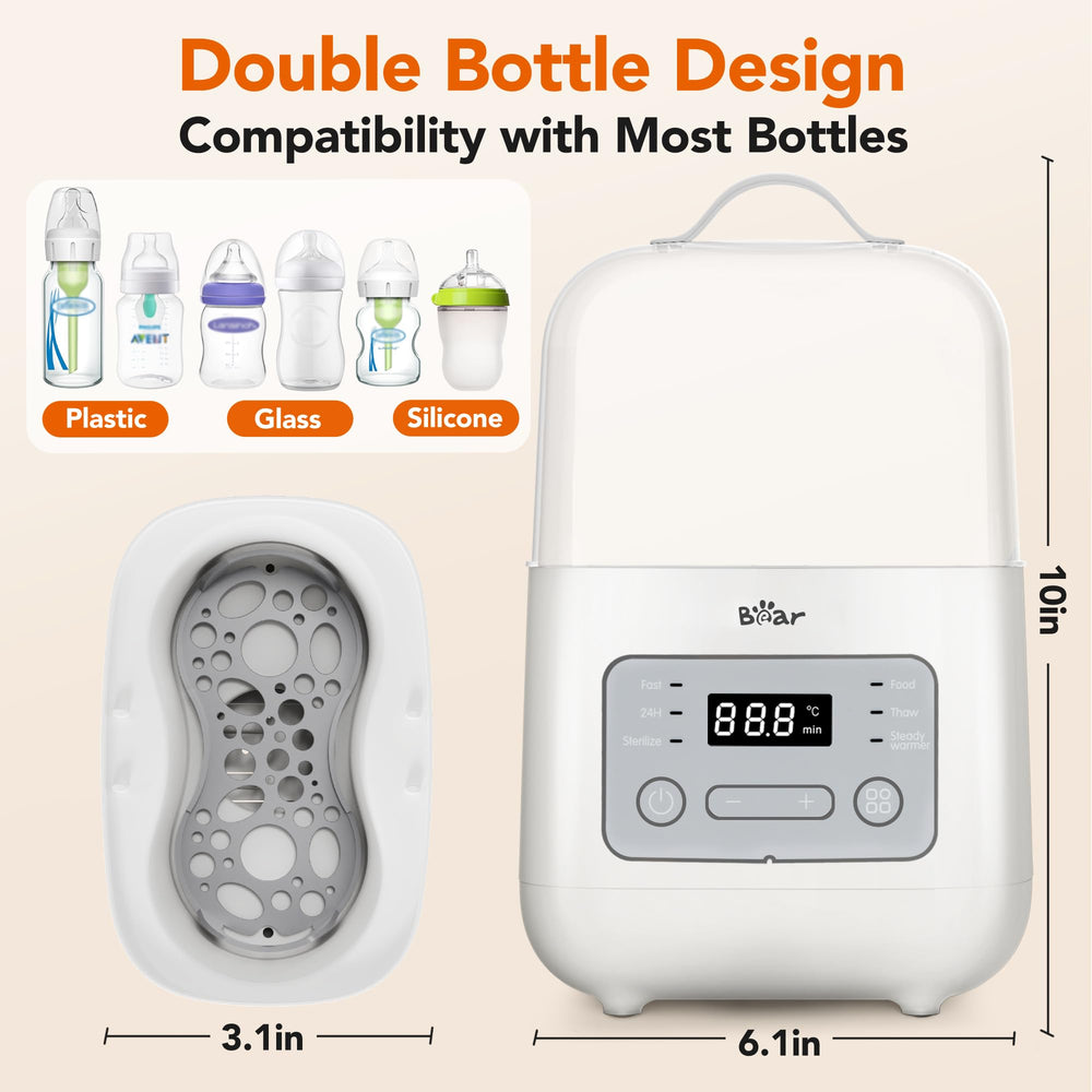Bear Bottle Warmer water bath heating ensures even warming across bottles.