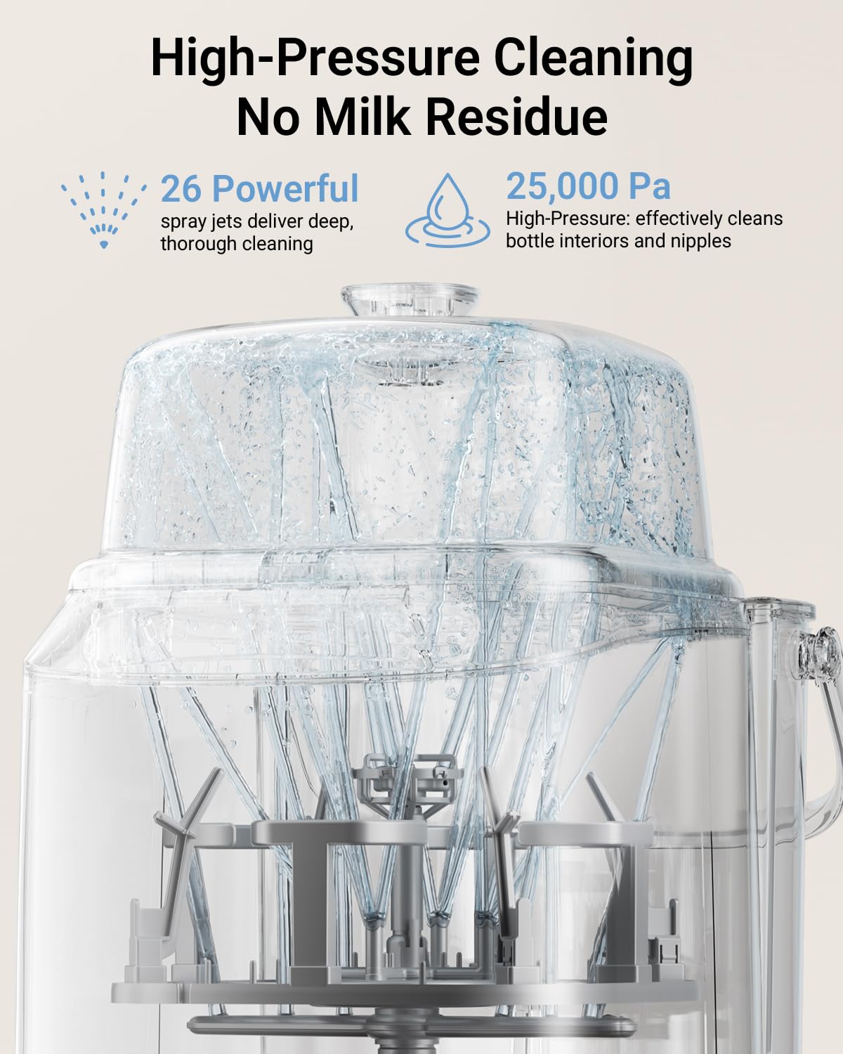 Bear Bottle Washer Pro interior view highlights 26 spray jets for deep cleaning.