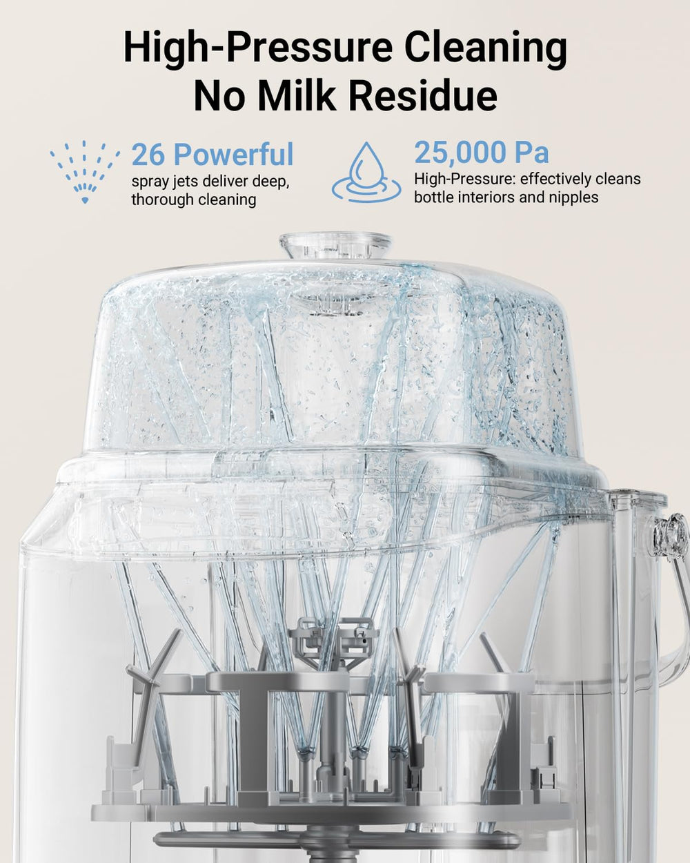 Bear Bottle Washer Pro interior view highlights 26 spray jets for deep cleaning.