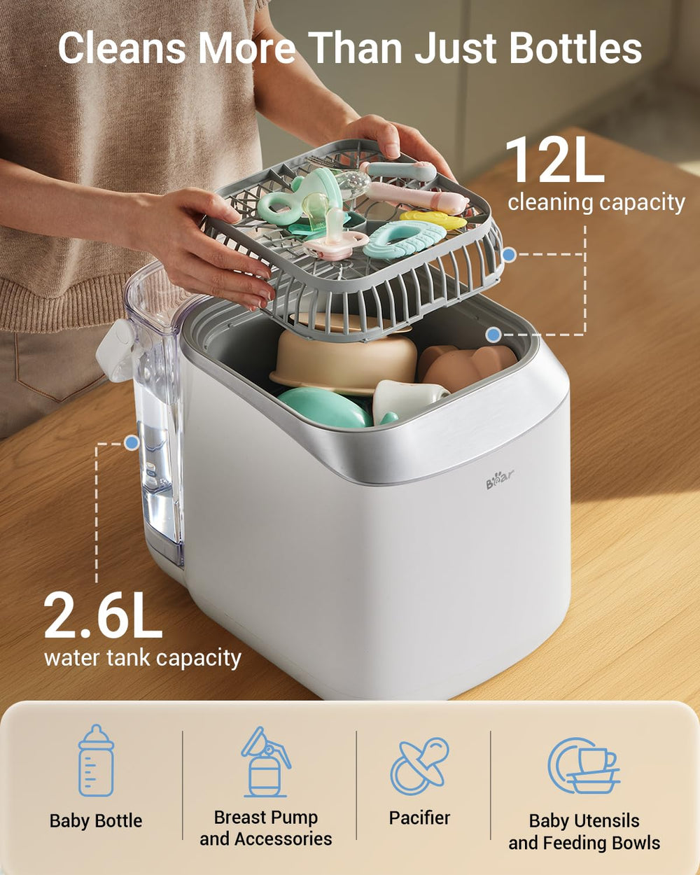 Bear Bottle Washer Pro rapid wash mode delivers quick bottle cleaning.