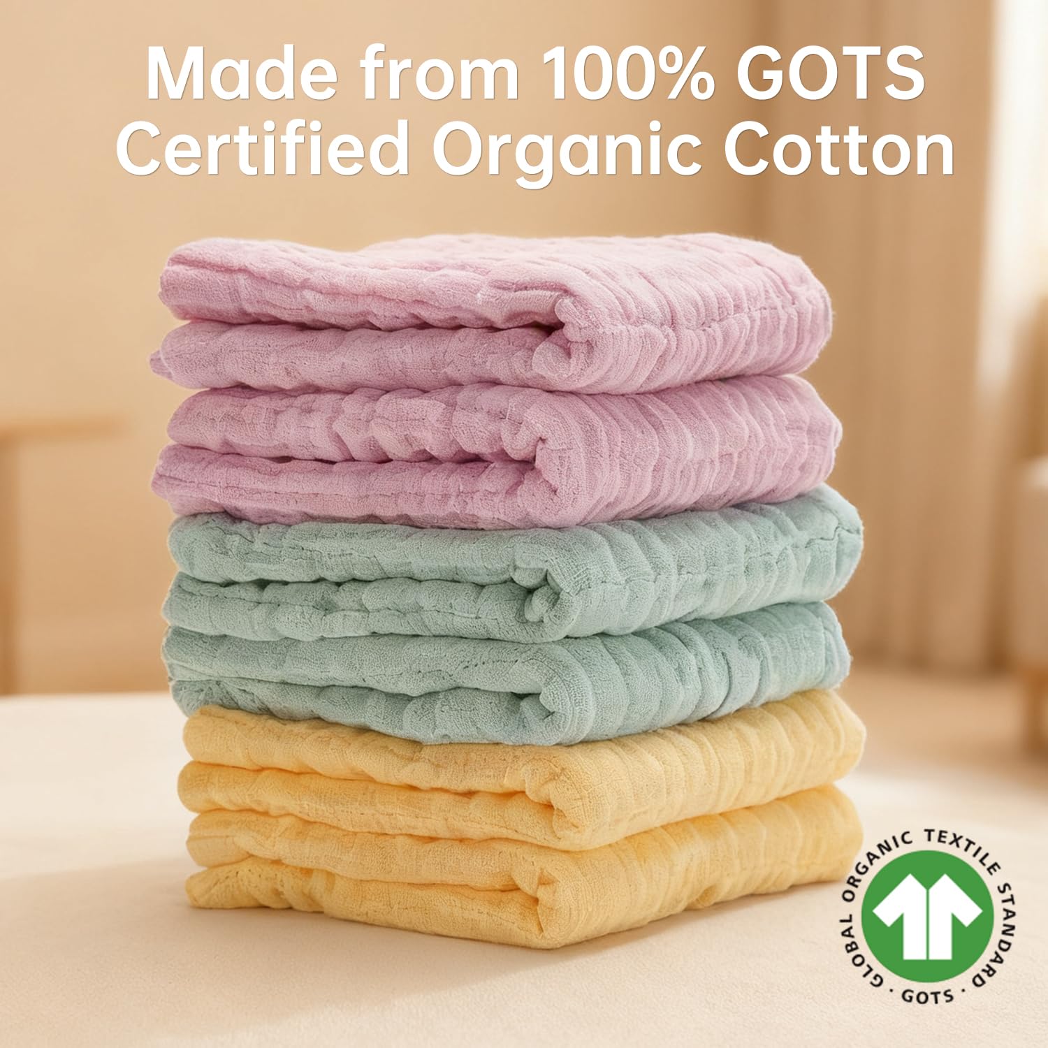 Bear Rocket colorful muslin washcloths in yellow, green, pink—versatile for swaddle, burp cloth, or blanket.