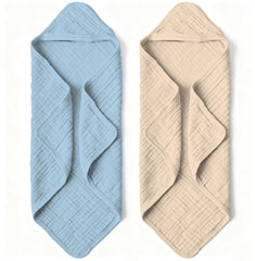 Bear Rocket hooded baby towel in brown-blue closeup reveals plush absorbent softness after bath.