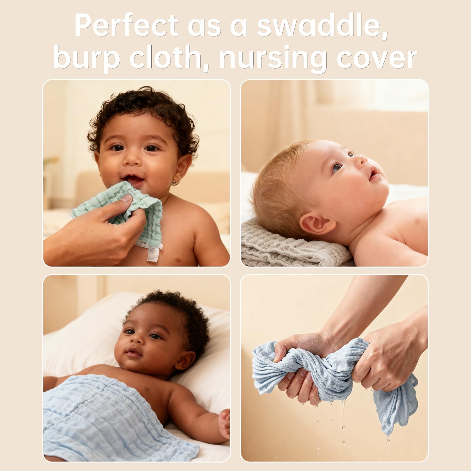 Bear Rocket Muslin Washcloths in bath time scene emphasizing quick moisture absorption.