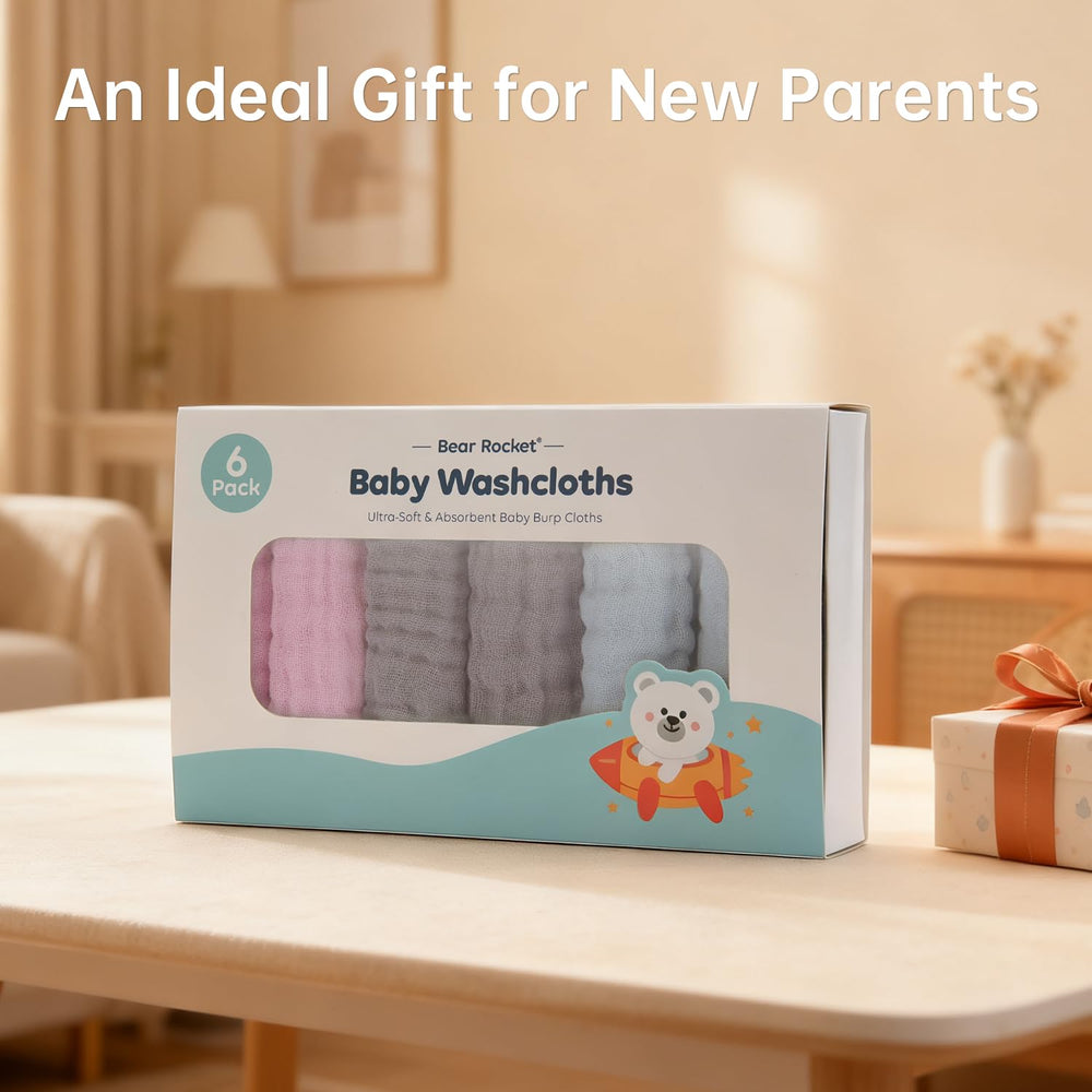 Bear Rocket organic muslin washcloth 6-pack display emphasizes value and versatility for newborn routines.