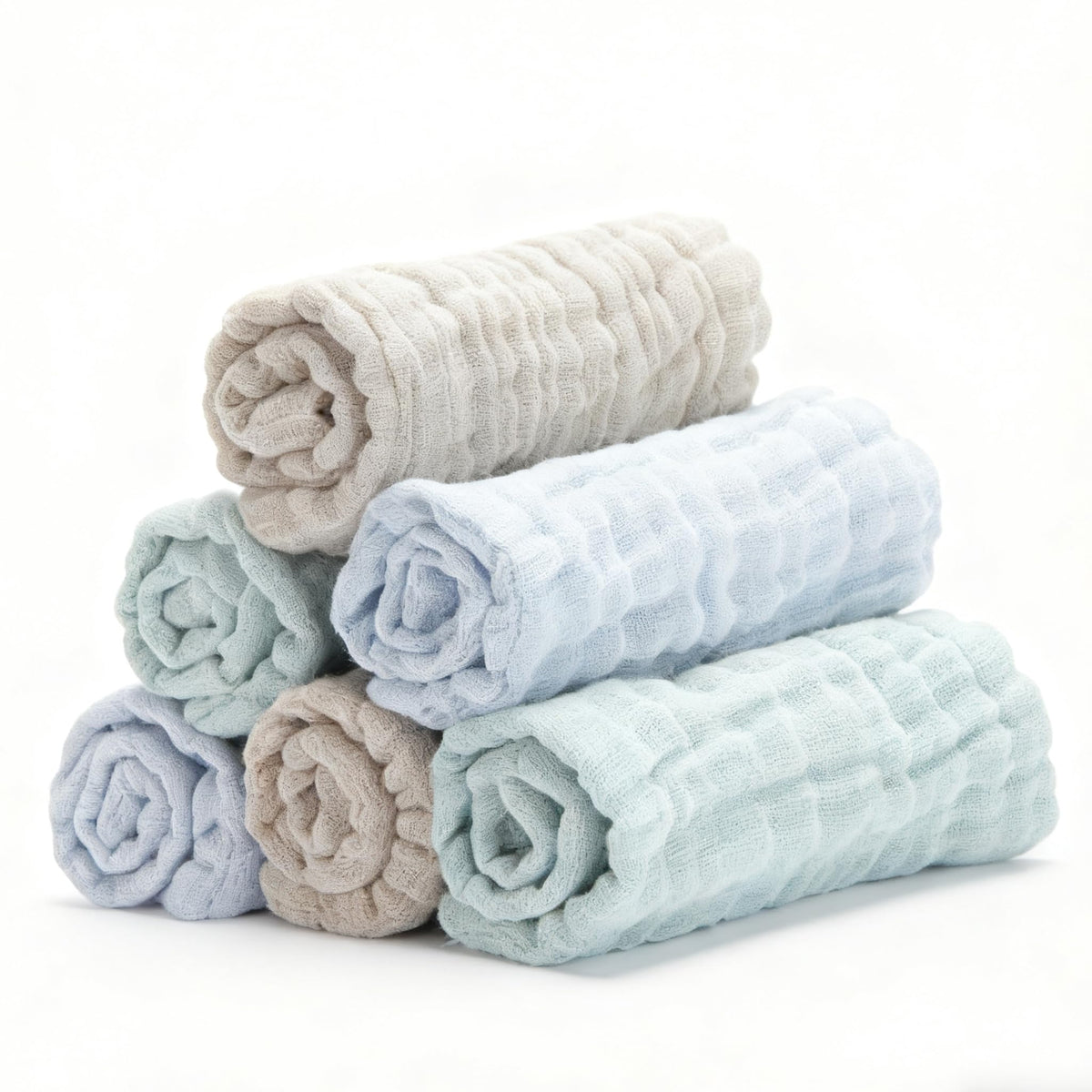 Bear Rocket Organic Muslin Washcloths 6-Pack pack shot showing ultra-soft fabric for newborn skin.
