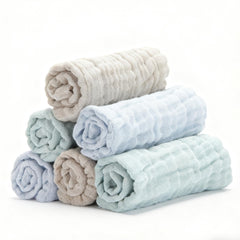 Bear Rocket Organic Muslin Washcloths 6-Pack pack shot showing ultra-soft fabric for newborn skin.