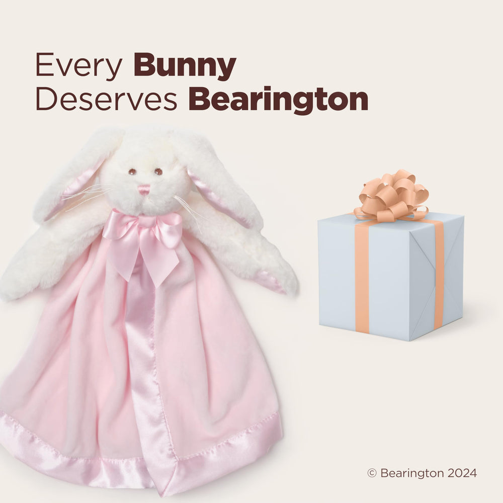 Bearington Baby Bunny Snuggler pink bow close-up highlighting style and gift potential.