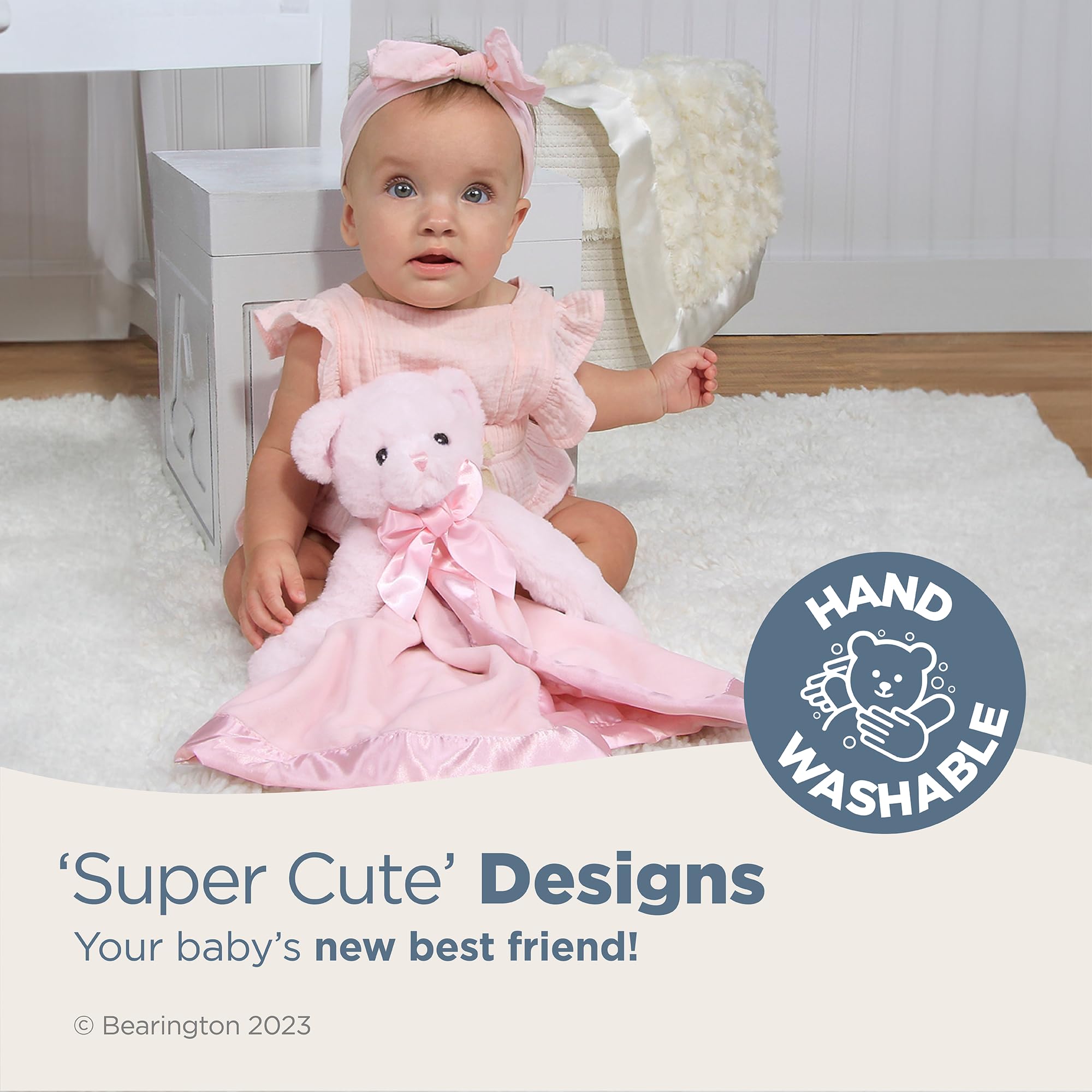 Bearington Baby Huggie Bear Snuggler satin-trim ears provide soothing tactile detail