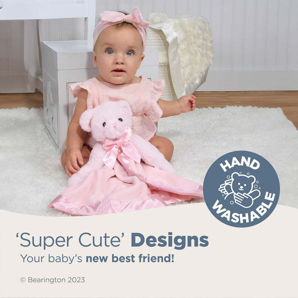 Bearington Baby Huggie Bear Snuggler satin-trim ears provide soothing tactile detail