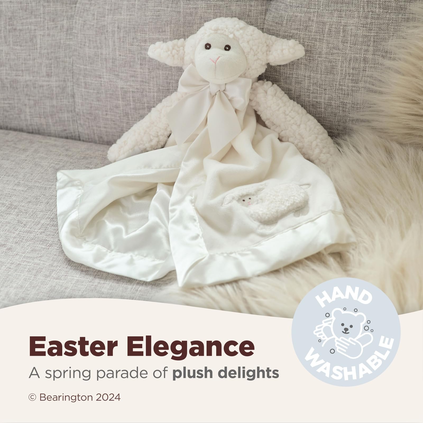 Bearington Baby Lamby Snuggler embroidered eyes shown for baby-safe play