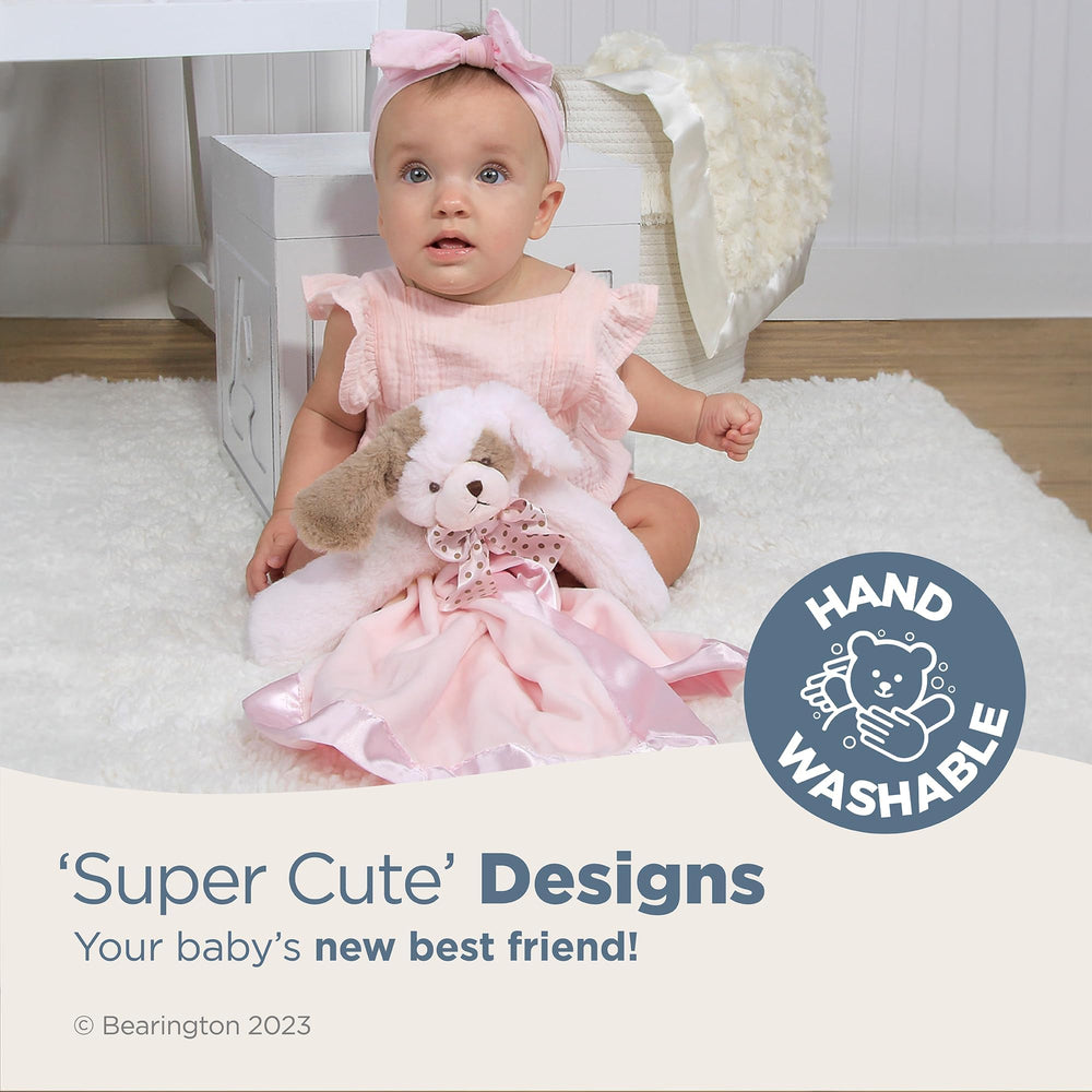 Bearington Wiggles Snuggler satin trim and bow detail highlights premium cuddles for newborns