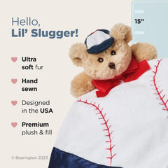 Bearington baseball teddy with cap and embroidered eyes supports sensory play.