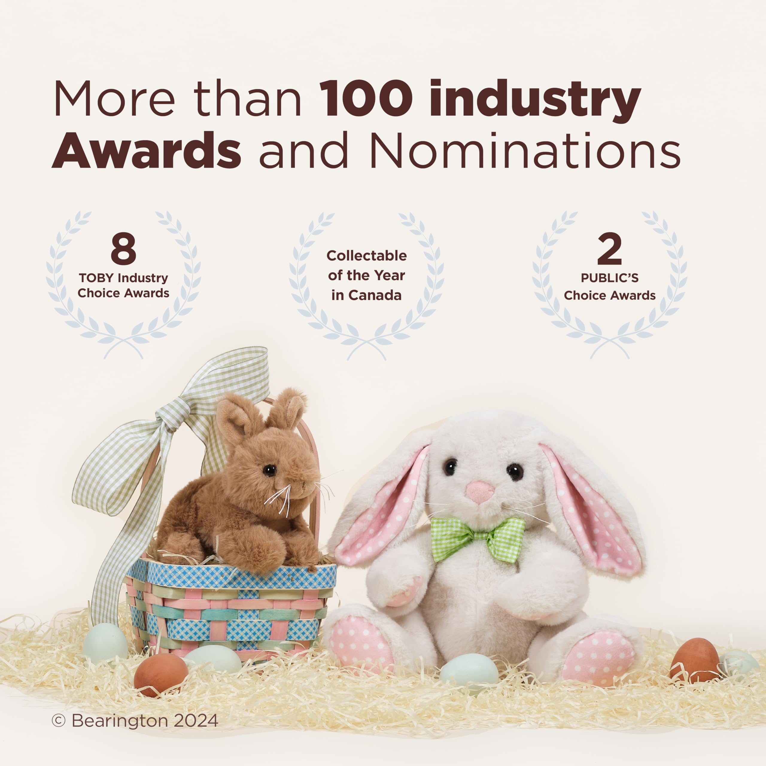 Bearington Bunny Snuggler embroidered eyes provide a friendly, safe gaze for babies.