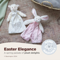 Bearington Bunny Snuggler satin trim detail adds luxurious tactile appeal for babies.