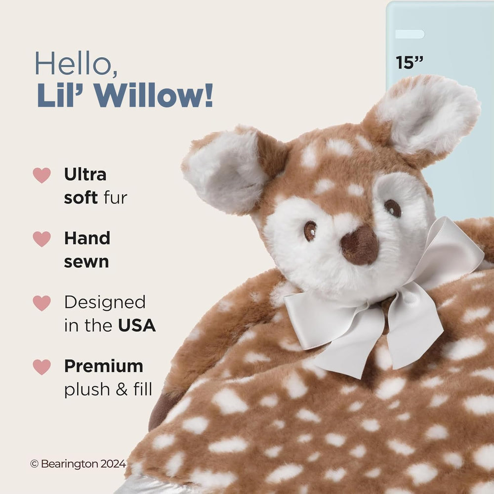 Bearington Lil Willow Snuggler satin trim enhances cozy sensory playtime
