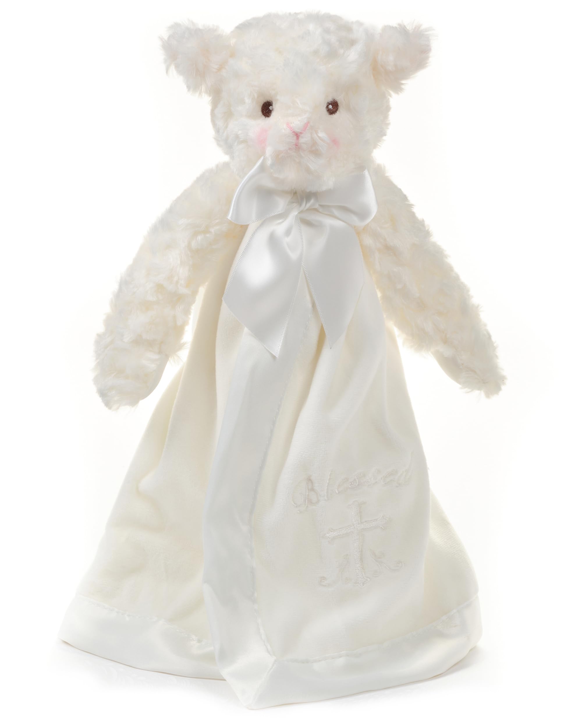 Bearington Collection lamb plush lovey 15in with satin trim ready for comforting cuddles
