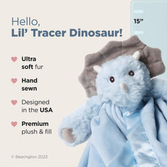 Bearington Lil’ Tracer Dinosaur Lovey side view—15-inch size ideal for on-the-go cuddles.
