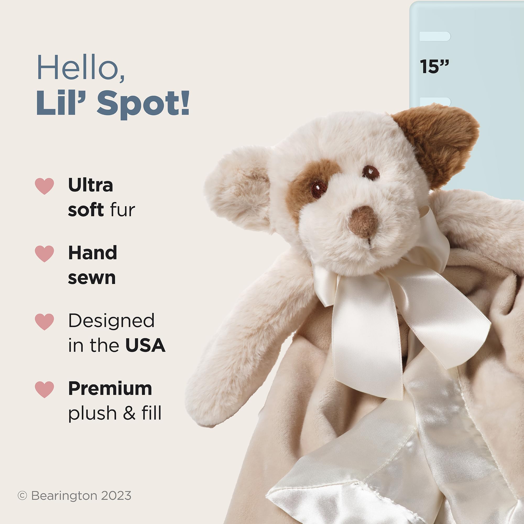 Bearington Lil' Spot puppy head design with embroidered eyes encourages nap-time comfort.