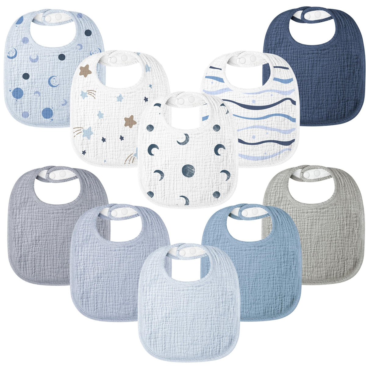 Bearmoss baby bib blue print pack shows colorful absorbent bibs for drool control.
